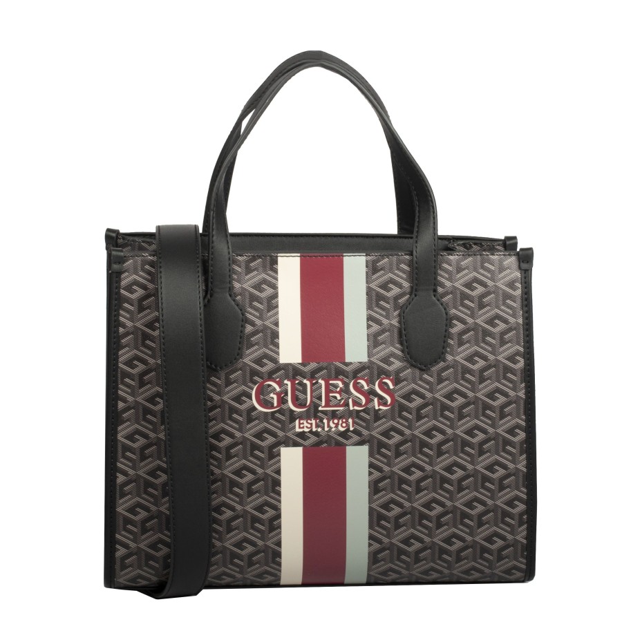 Femme Guess Sac Porte Main | Sac A Main Silvana Guess Charcoal Logo