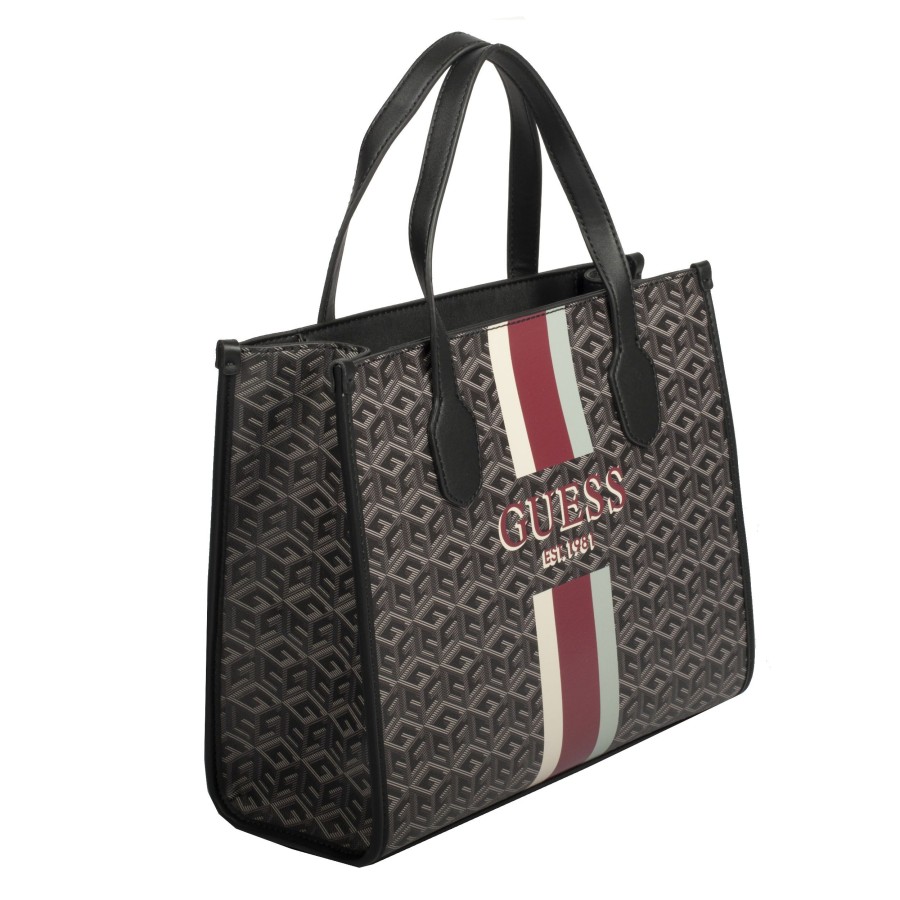 Femme Guess Sac Porte Main | Sac A Main Silvana Guess Charcoal Logo