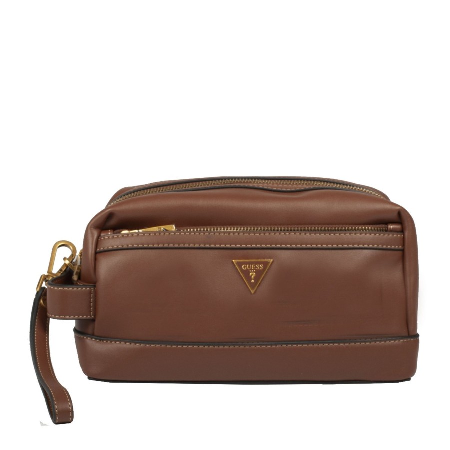 Homme Guess Sacoche Main | Trousse De Toilette Marron Scala