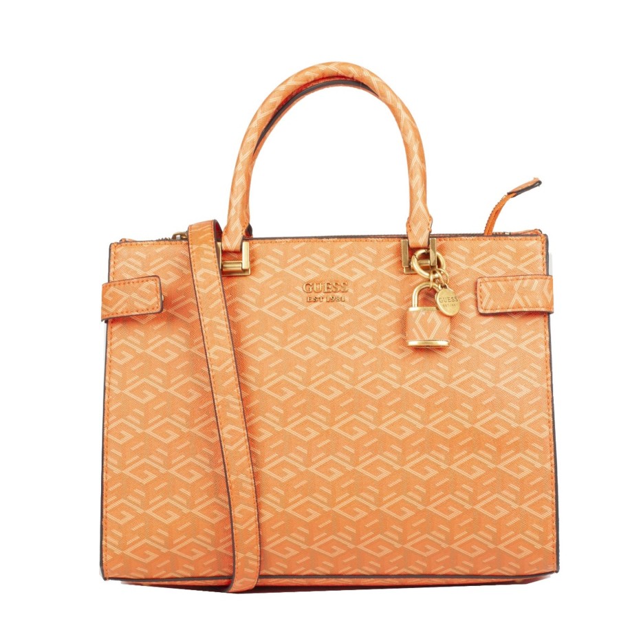 Femme Guess Sac Porte Epaule | Sac Shopping Orange Logo Atene