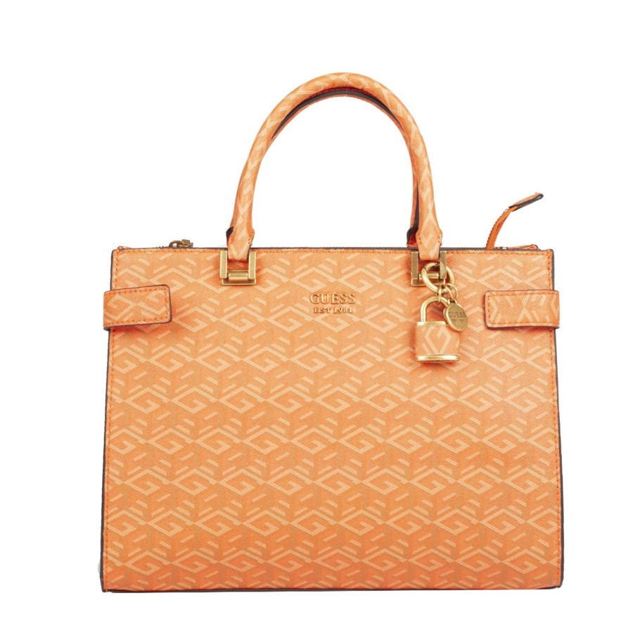 Femme Guess Sac Porte Epaule | Sac Shopping Orange Logo Atene