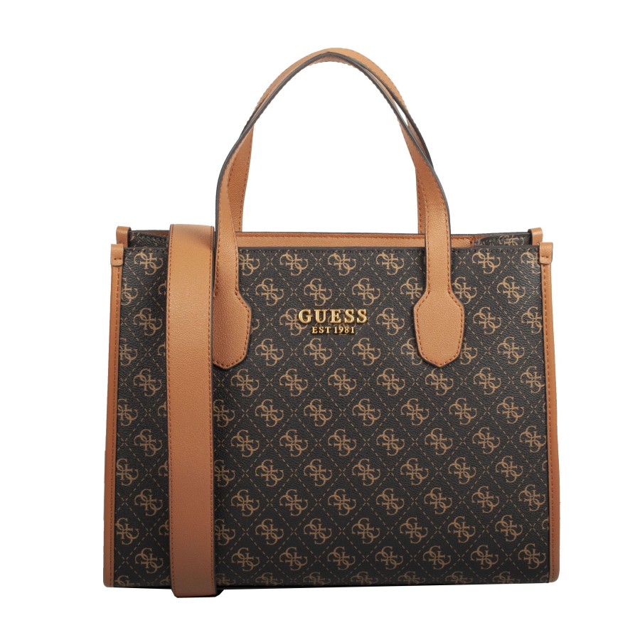 Femme Guess Sac Porte Main | Sac A Main Silvana Guess Brown Logo Cognac