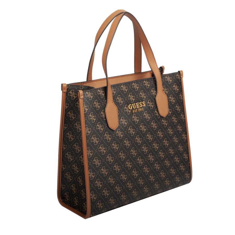 Femme Guess Sac Porte Main | Sac A Main Silvana Guess Brown Logo Cognac