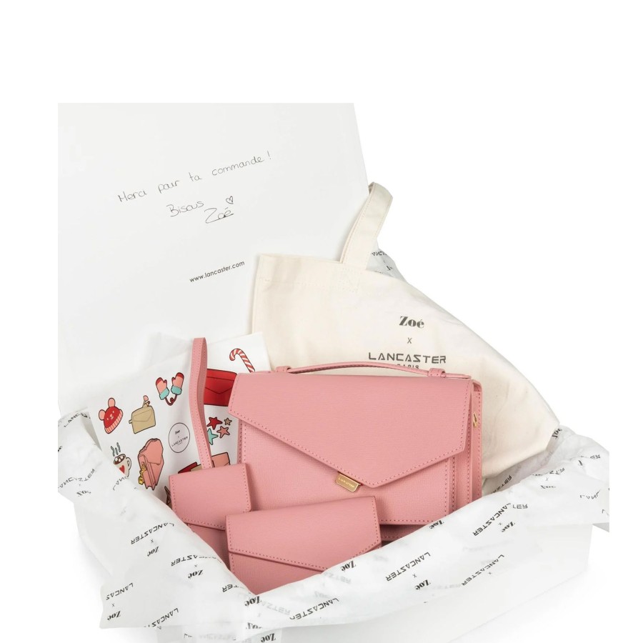 Femme Lancaster Sac Porte Bandouliere / Porte Travers | Coffret Sac Porte Cartes Etiquette Bagage Zoe Lancaster Rose