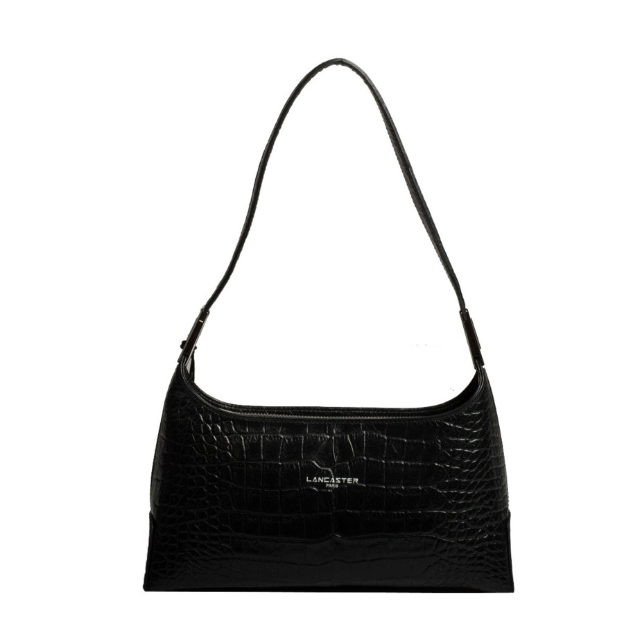 Femme Lancaster Sac Porte Epaule | Sac Baguette En Cuir Exotic Croco Lancaster Noir