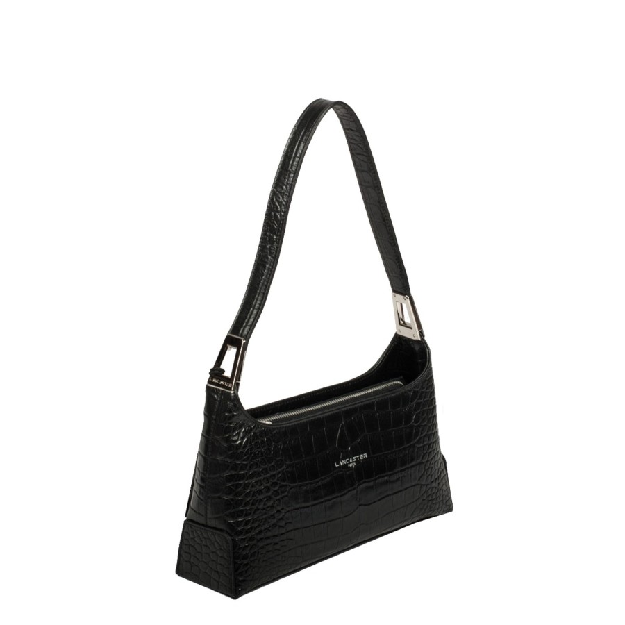 Femme Lancaster Sac Porte Epaule | Sac Baguette En Cuir Exotic Croco Lancaster Noir