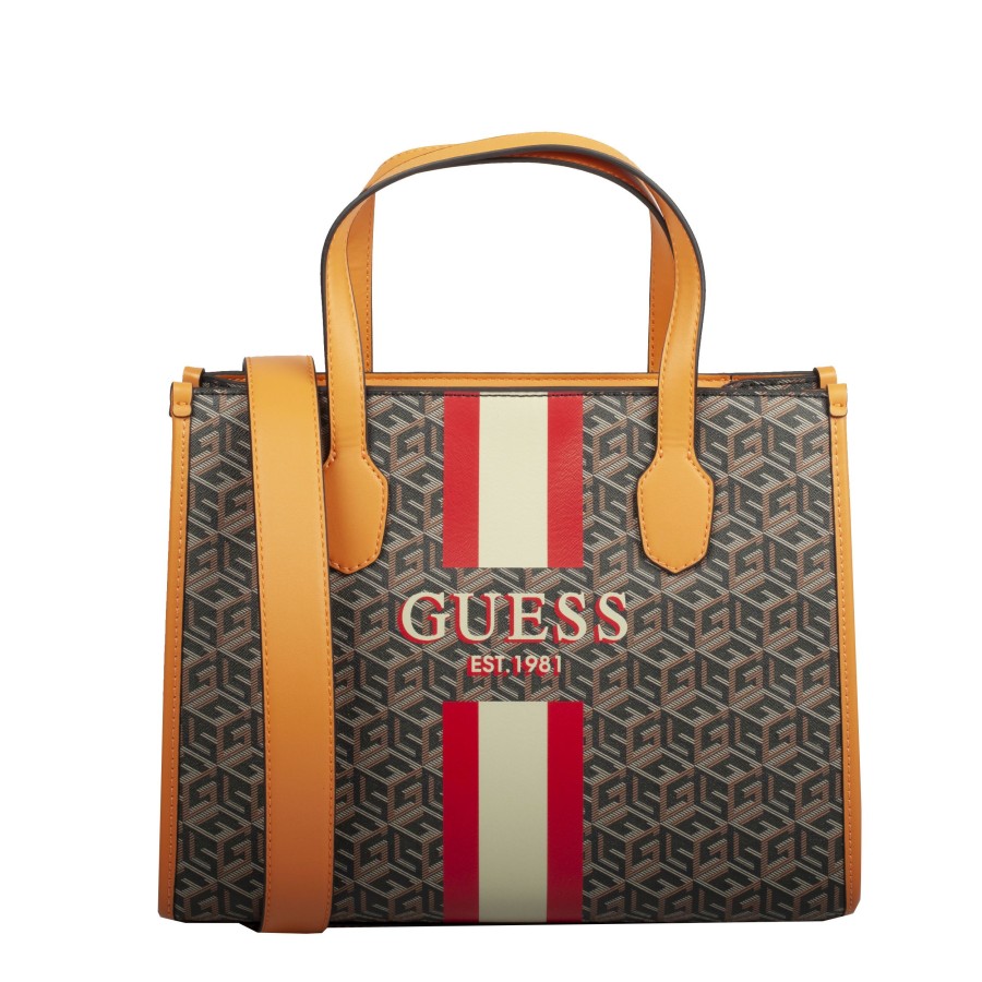 Femme Guess Sac Porte Main | Sac A Main Silvana Guess Black Logo Cognac