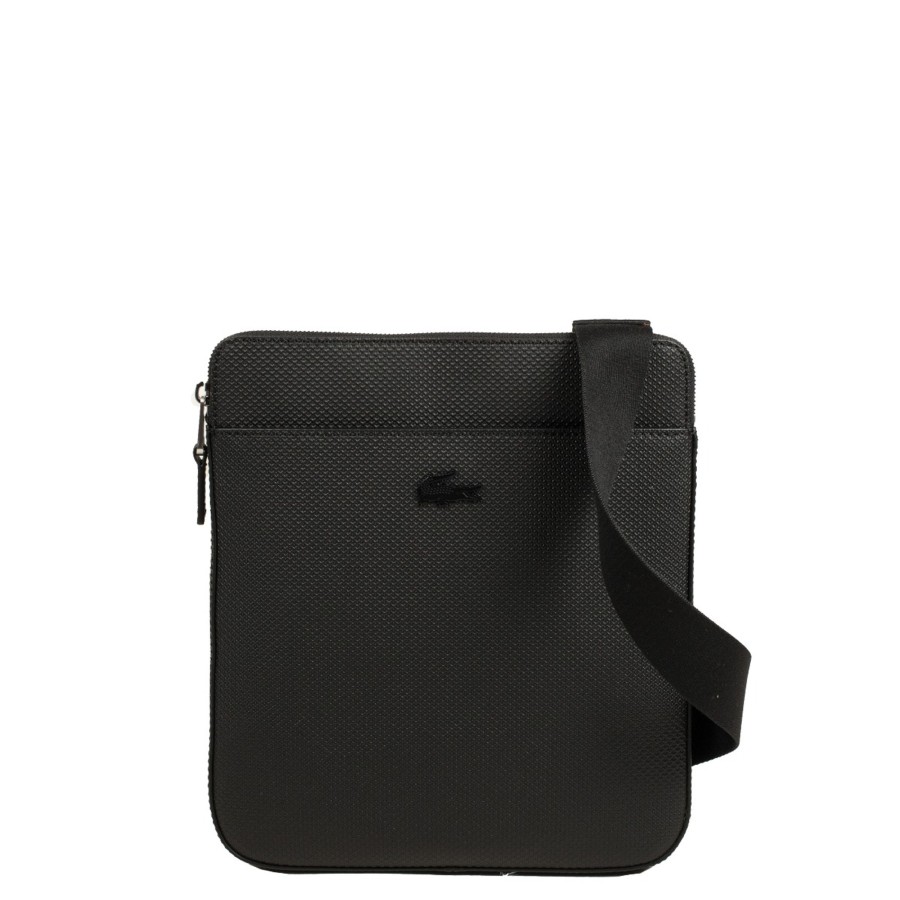 Homme Lacoste Sacoche Bandouliere | Sacoche Plate En Cuir Chantaco Lacoste Noir