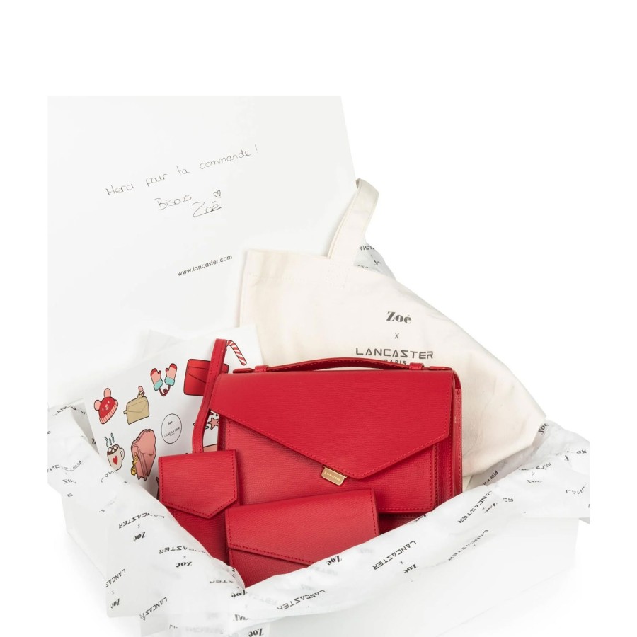 Femme Lancaster Sac Porte Bandouliere / Porte Travers | Coffret Sac Porte Cartes Etiquette Bagage Zoe Lancaster Rouge