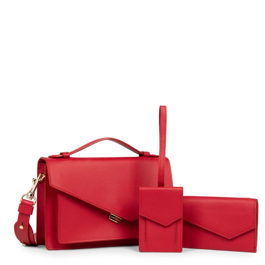 Femme Lancaster Sac Porte Bandouliere / Porte Travers | Coffret Sac Porte Cartes Etiquette Bagage Zoe Lancaster Rouge